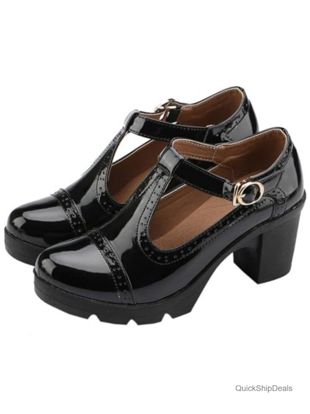 Women's Square Toe T-Strap Platform Heels Faux Leather Oxfords Chunky Block Heel